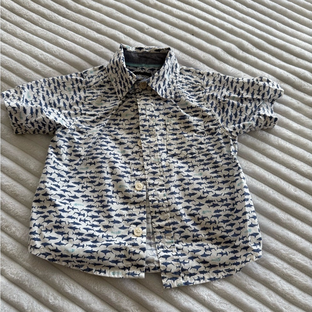 OshKosh B'gosh Blue and White Shark Print Button Down Shirt